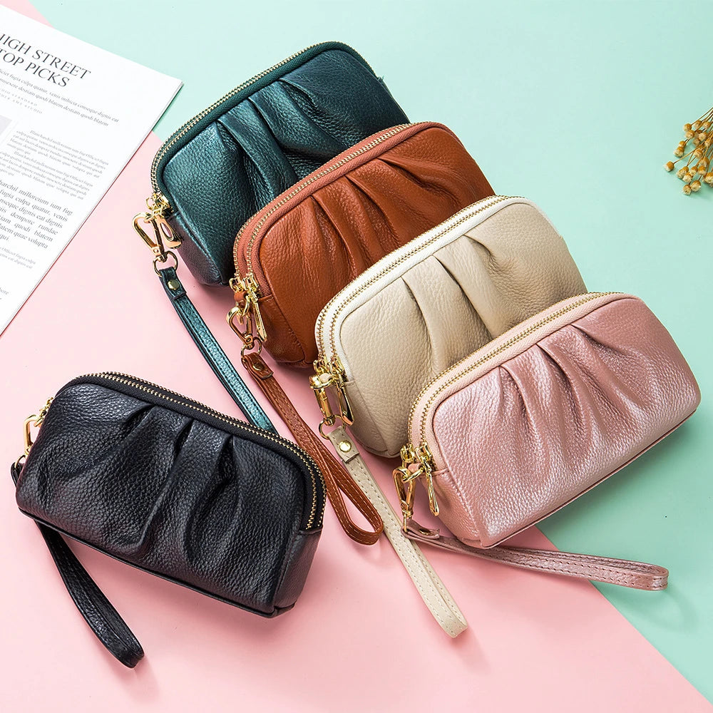 Leather Bag Women Makeup Case Long Wallet Double Zipper Purse