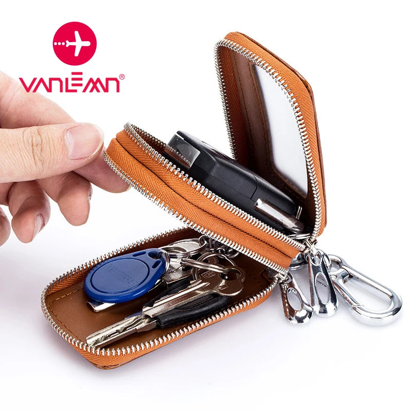 Leather Car Key Bag Men Women Double Zipper Vintage Key Purse Case