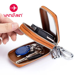 Leather Car Key Bag Men Women Double Zipper Vintage Key Purse Case