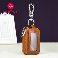 Leather Car Key Bag Men Women Double Zipper Vintage Key Purse Case