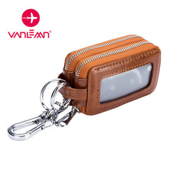 Leather Car Key Bag Men Women Double Zipper Vintage Key Purse Case