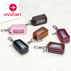 Leather Car Key Bag Men Women Double Zipper Vintage Key Purse Case