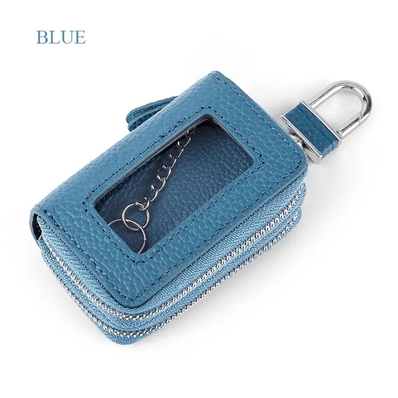 Leather Double Zipper Car Key Bag Wallet Multifunctional Organizer