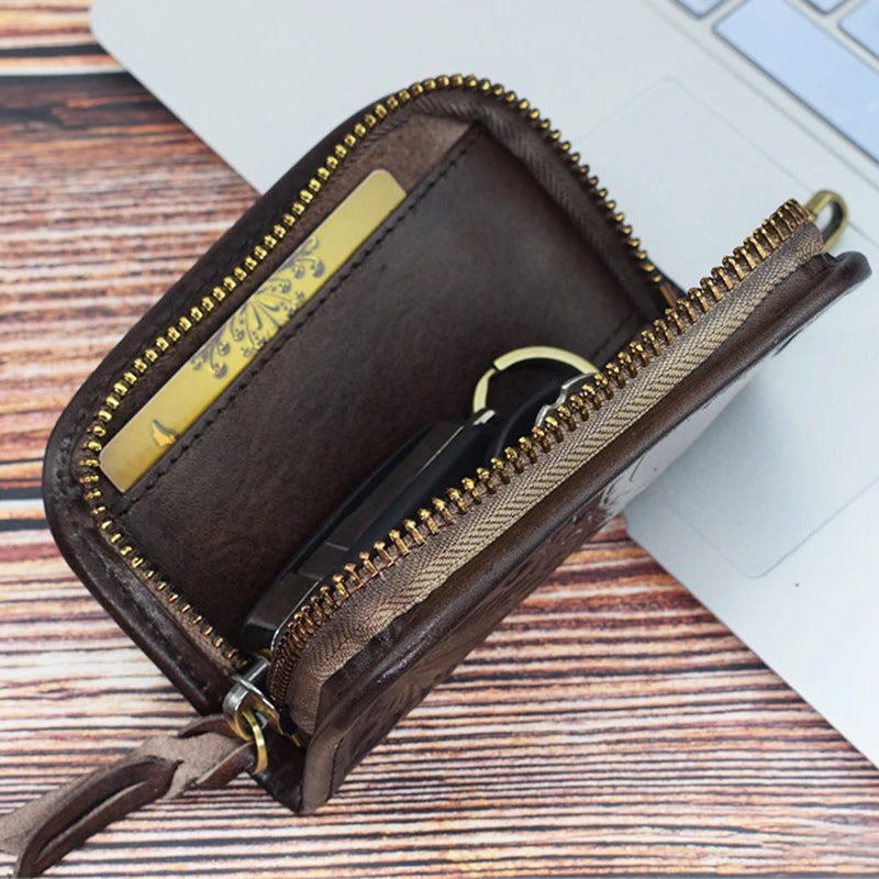 Vintage Zipper Leather Key Wallet Men Women