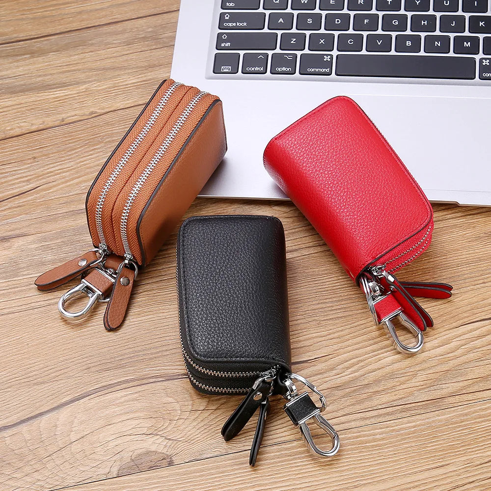 Unisex Leather Key Wallets Double Zipper Keychain Case