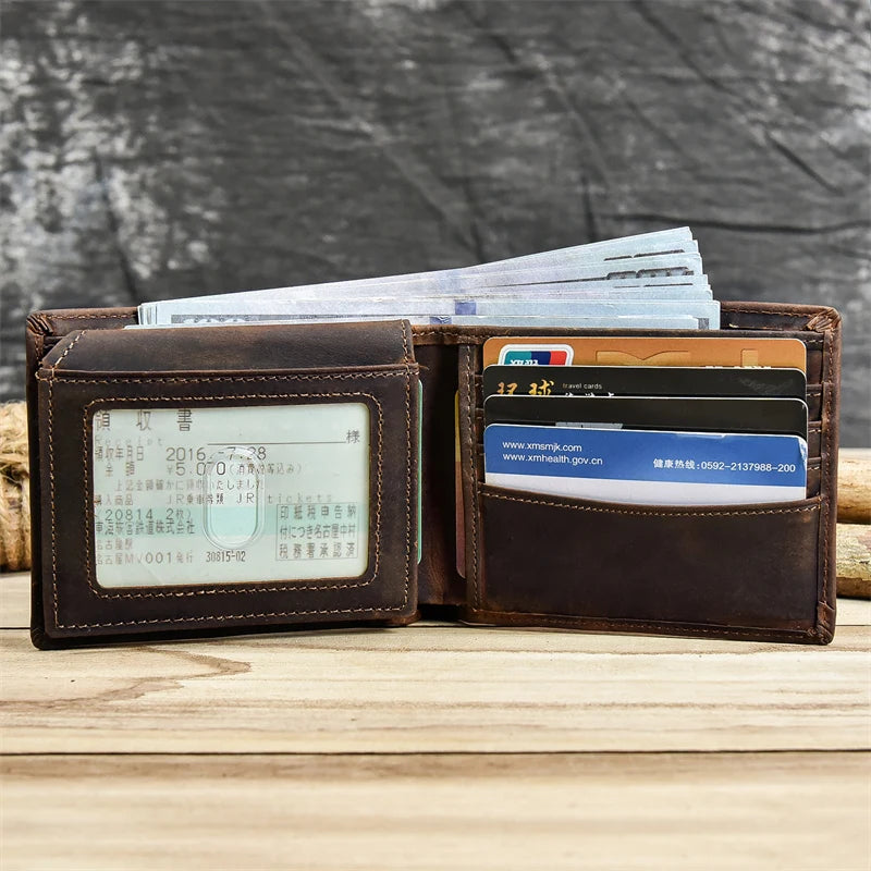 RFID Leather Short Wallet Men's Purse Crazy Horse Cowhide
