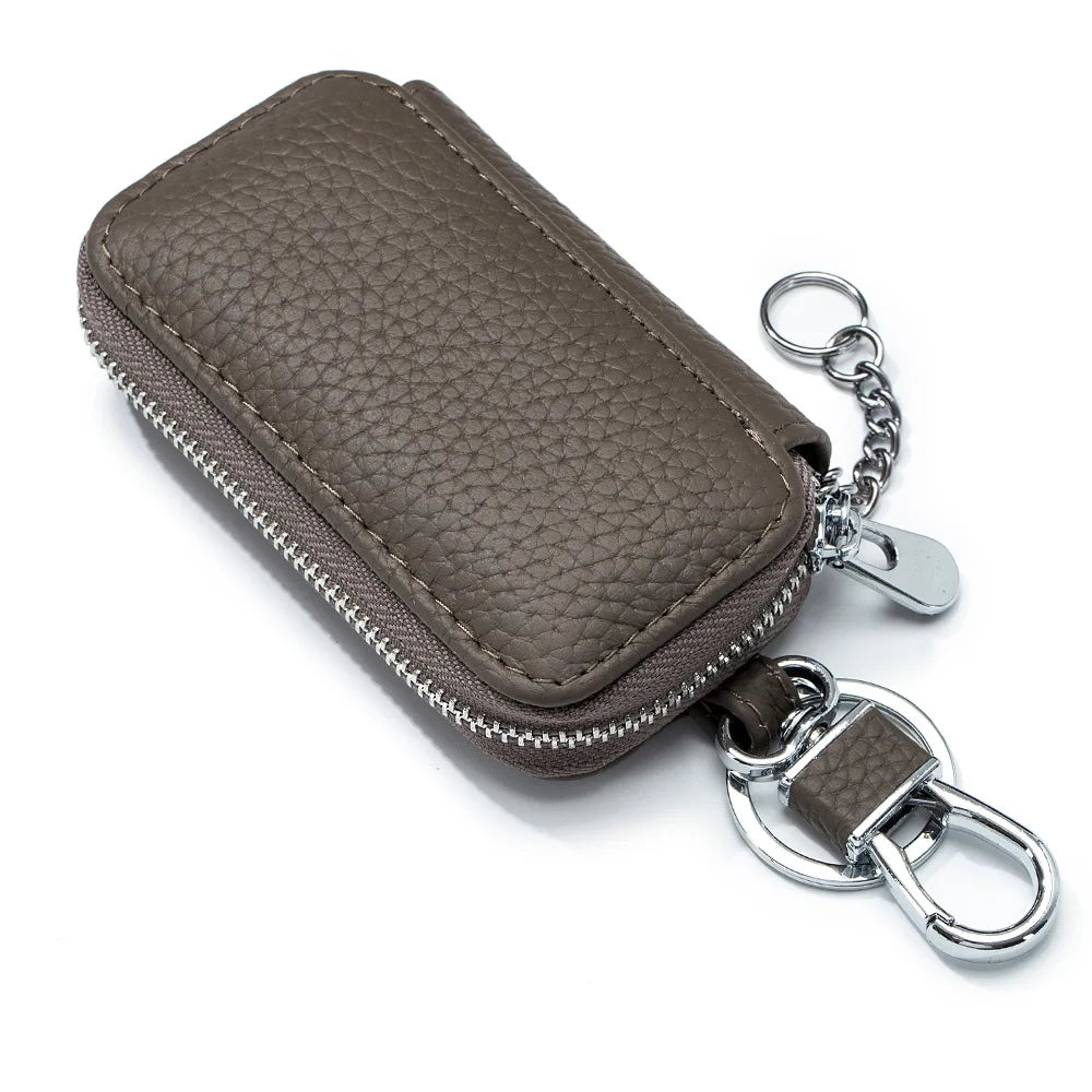 Leather Car Key Case Lichee Pattern Zipper Holder Bag