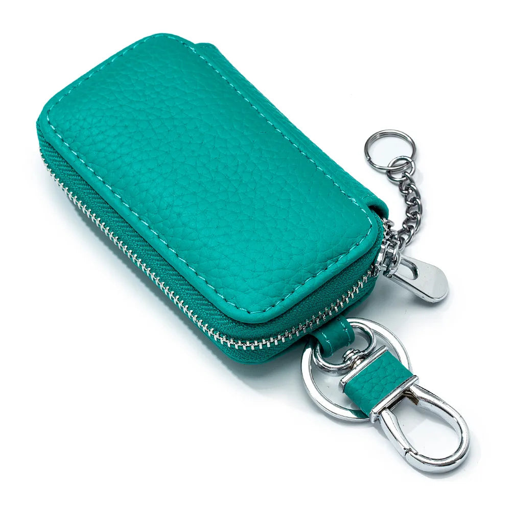 Leather Car Key Case Lichee Pattern Zipper Holder Bag