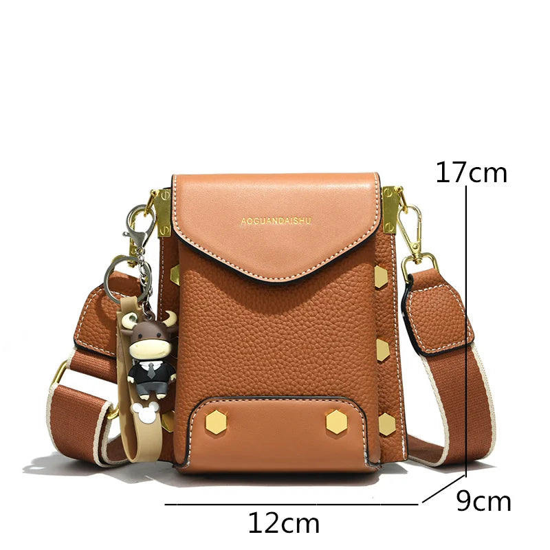 Leather Shoulder Handbag Rivet Cowhide Mini Phone Bag
