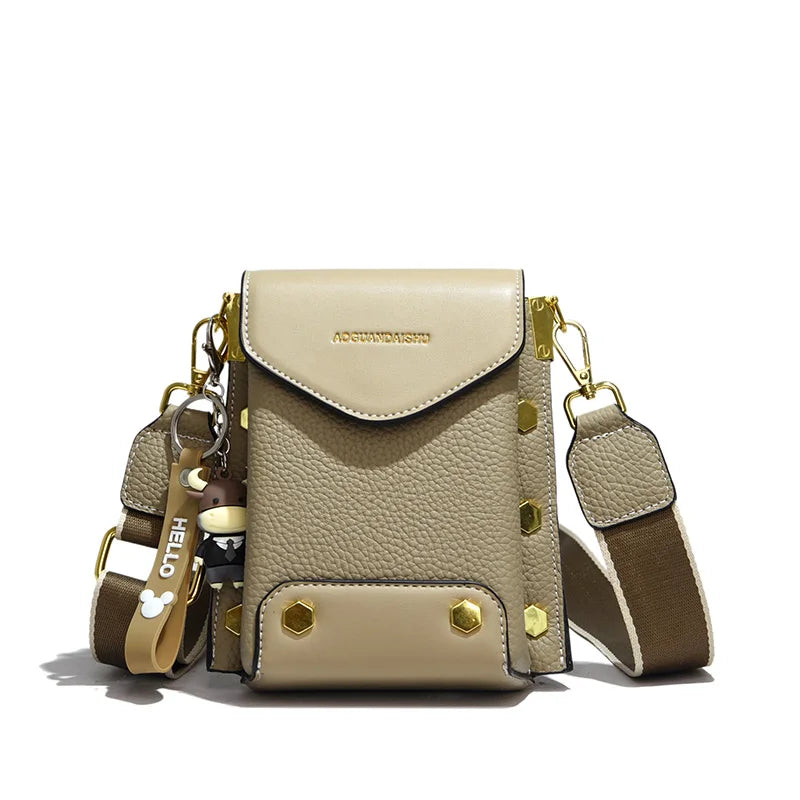 Leather Shoulder Handbag Rivet Cowhide Mini Phone Bag