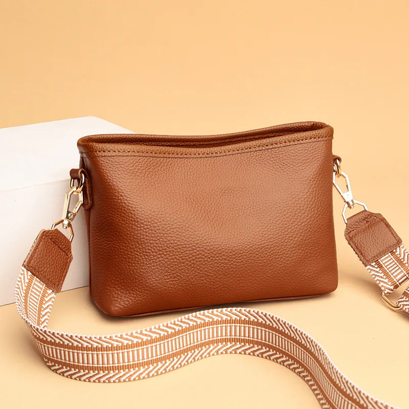 Soft Leather Women Handbag Wide Strap Shoulder Bag Purse