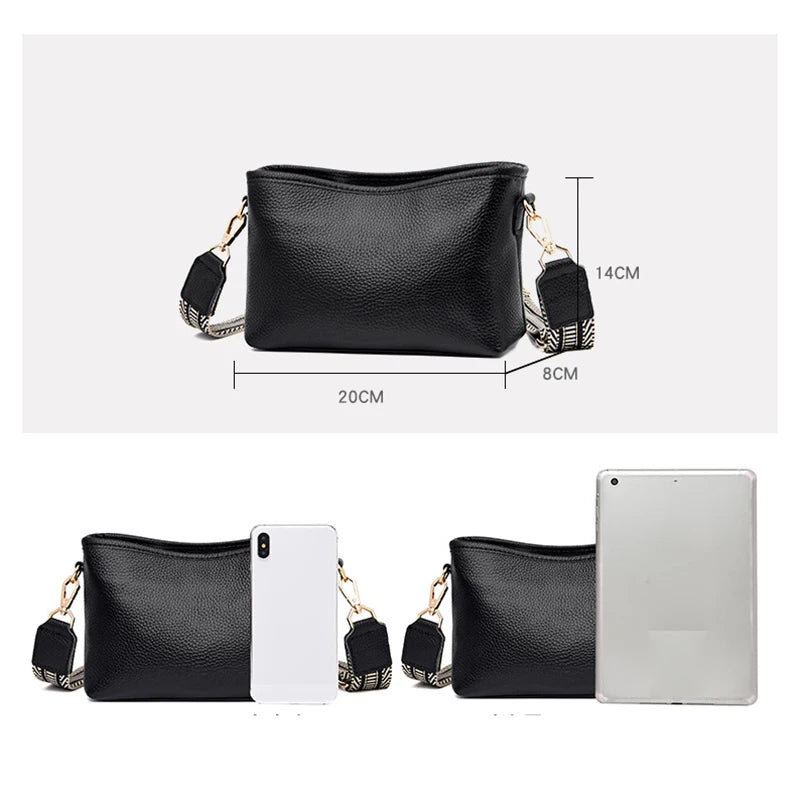 Soft Leather Women Handbag Wide Strap Shoulder Bag Purse