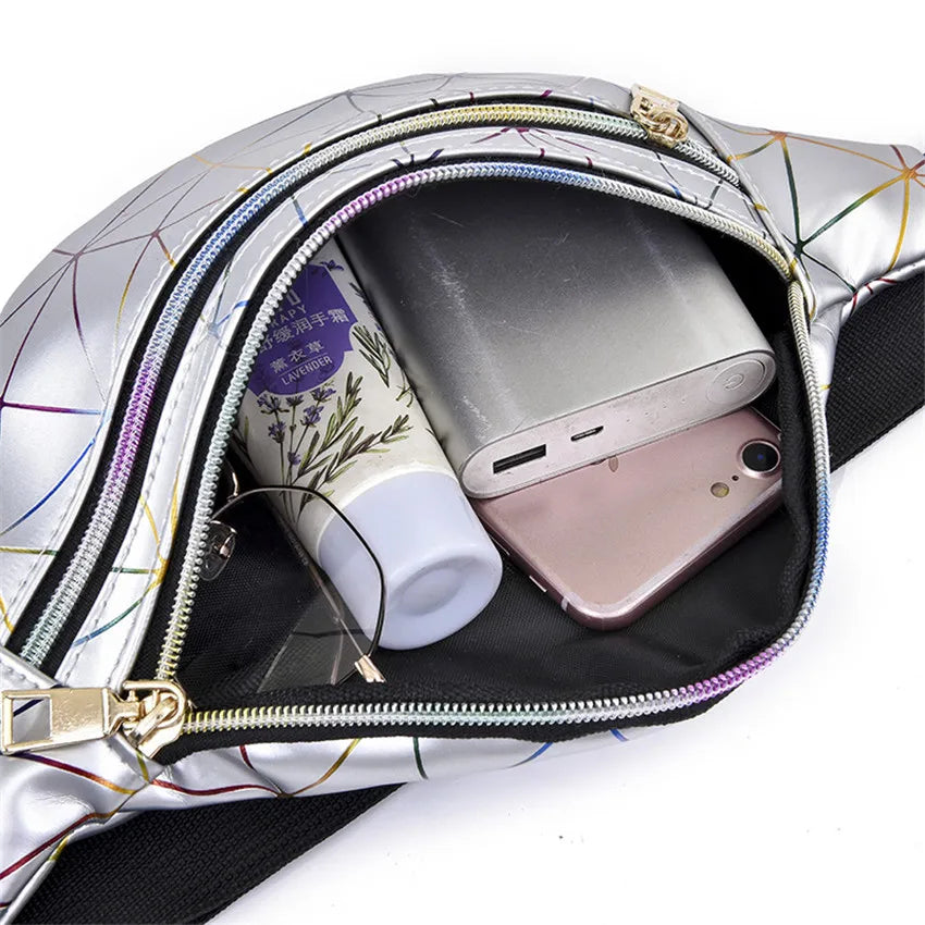 Geometric Waist Packs Women Pink Silver Fanny Pack Female Banana Belt Bag