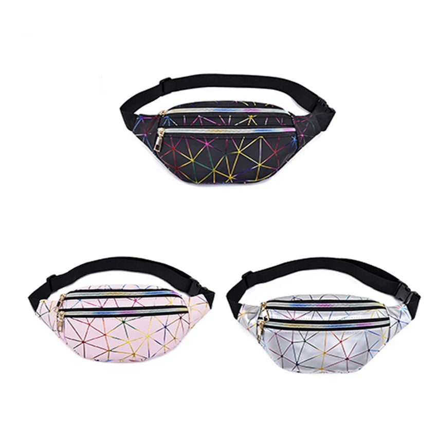 Geometric Waist Packs Women Pink Silver Fanny Pack Female Banana Belt Bag