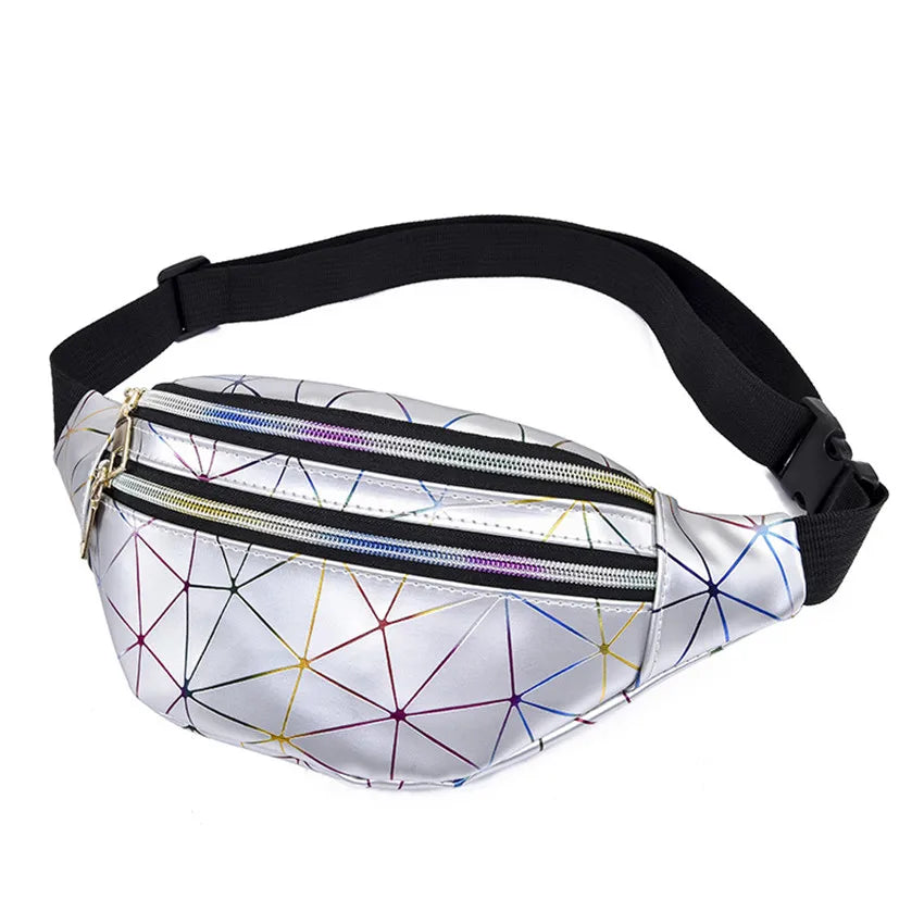 Geometric Waist Packs Women Pink Silver Fanny Pack Female Banana Belt Bag