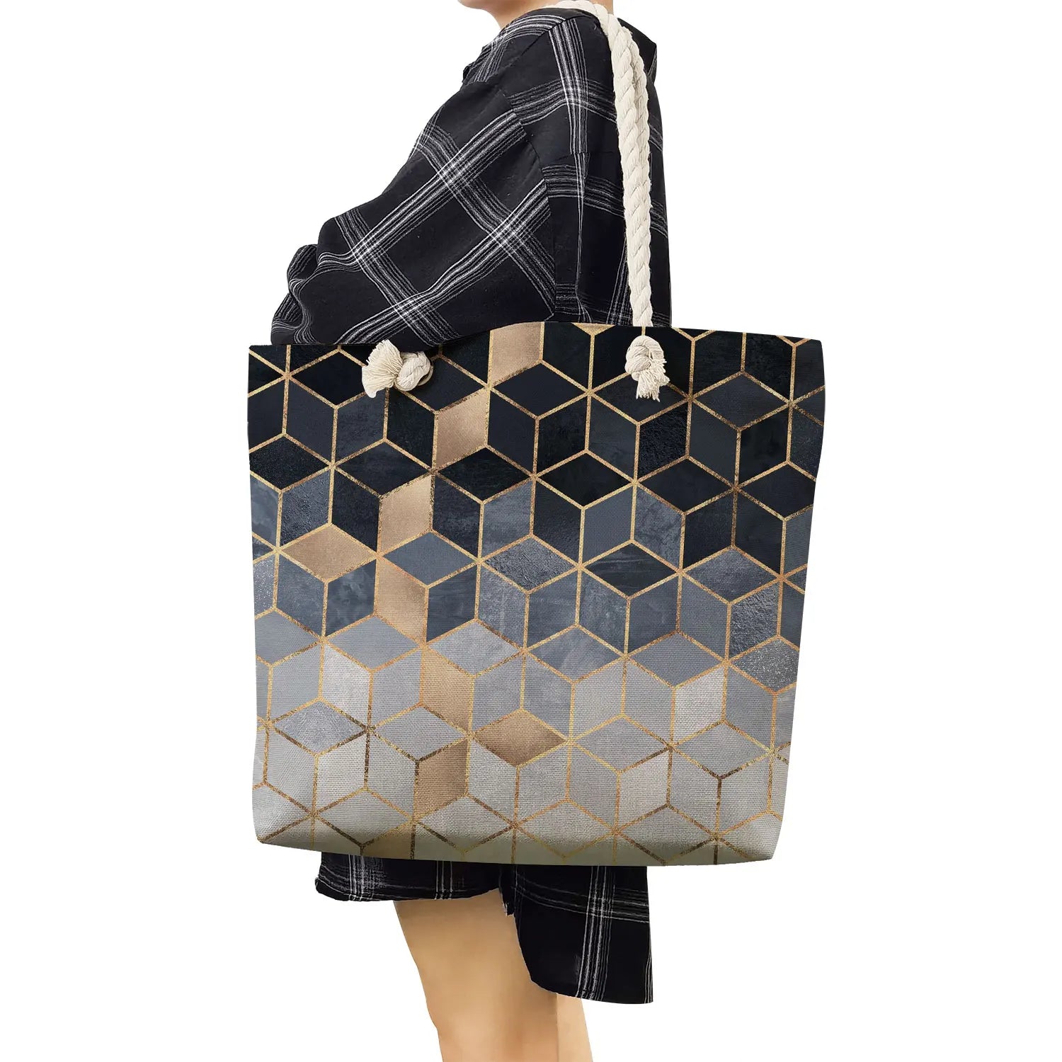 Geometry Print Women Linen Handbag High Capacity Tote Bag