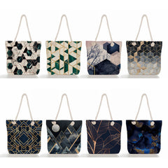 Geometry Print Women Linen Handbag High Capacity Tote Bag