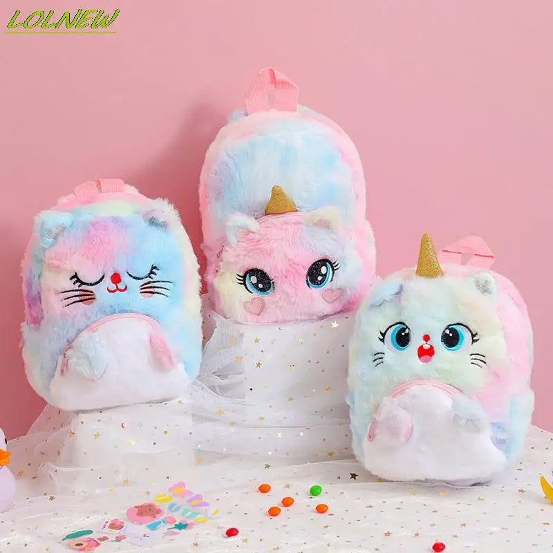 Plush Cat Backpack for Girls, Cute Kids Schoolbag