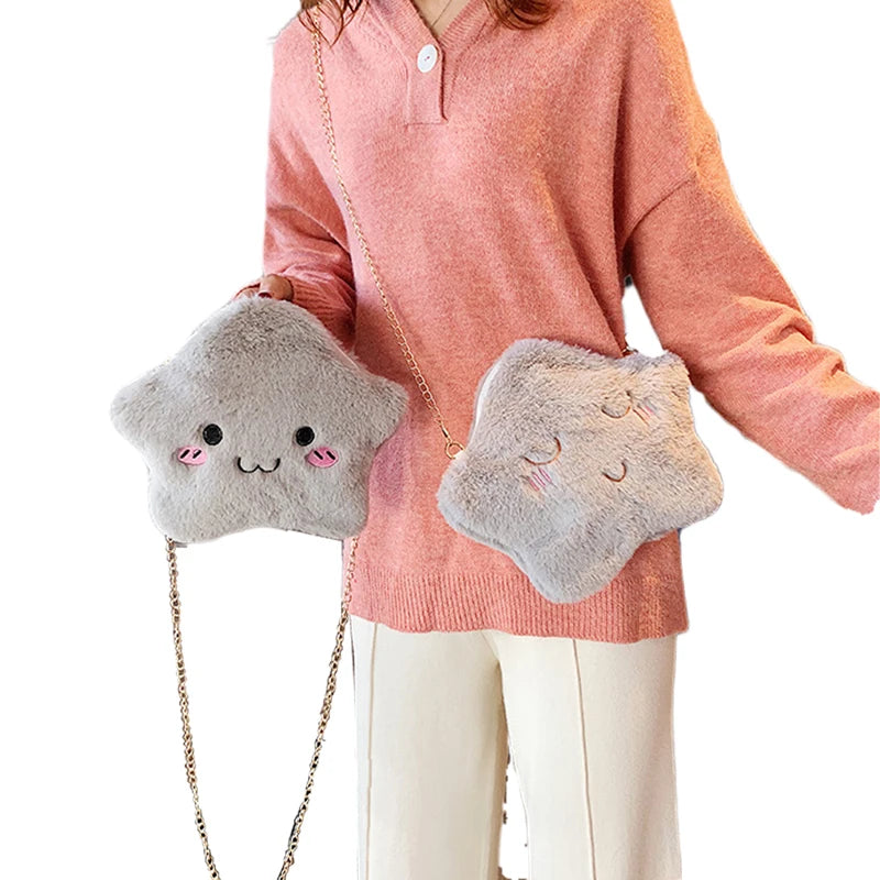 Girls Cartoon Crossbody Bag Plush Shoulder Purse with Metal Chain Strap