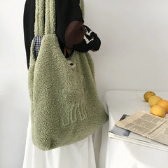Women's Lamb-Like Fabric Shoulder Tote Bag with Large Capacity