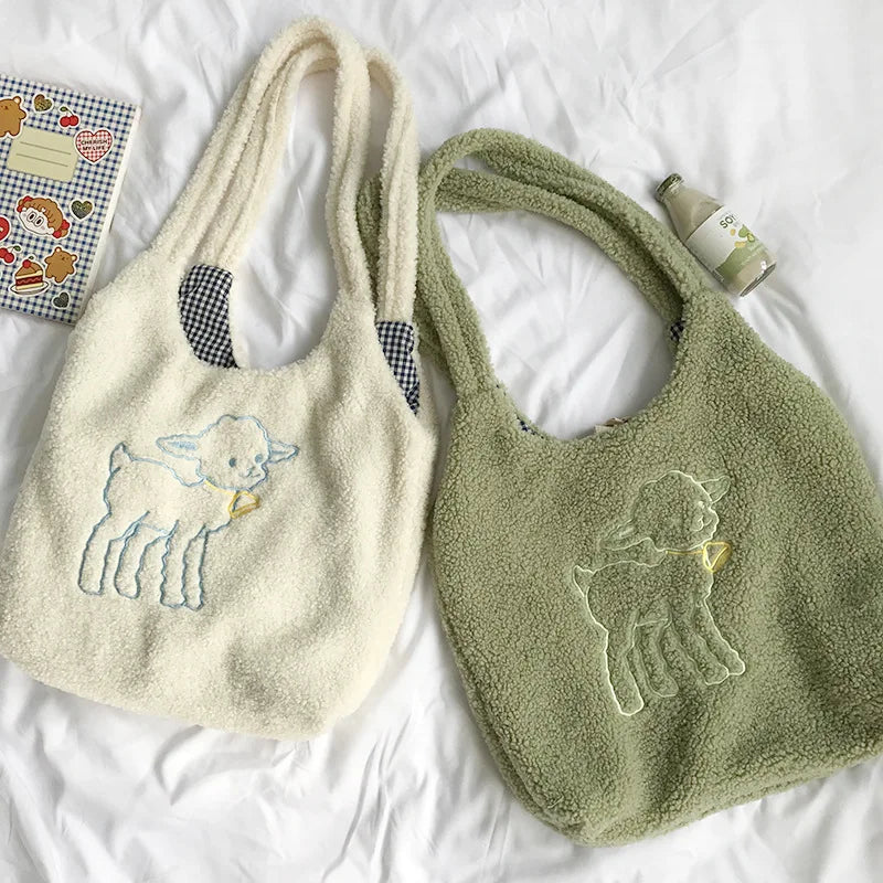 Women's Lamb-Like Fabric Shoulder Tote Bag with Large Capacity