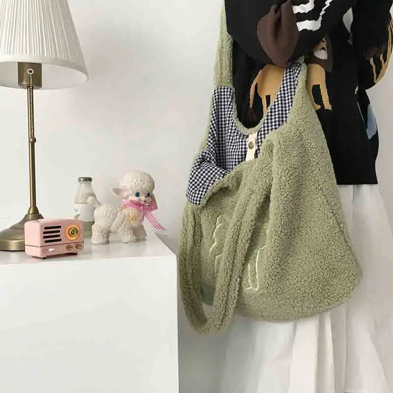 Women's Lamb-Like Fabric Shoulder Tote Bag with Large Capacity