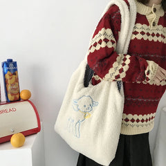 Women's Lamb-Like Fabric Shoulder Tote Bag with Large Capacity