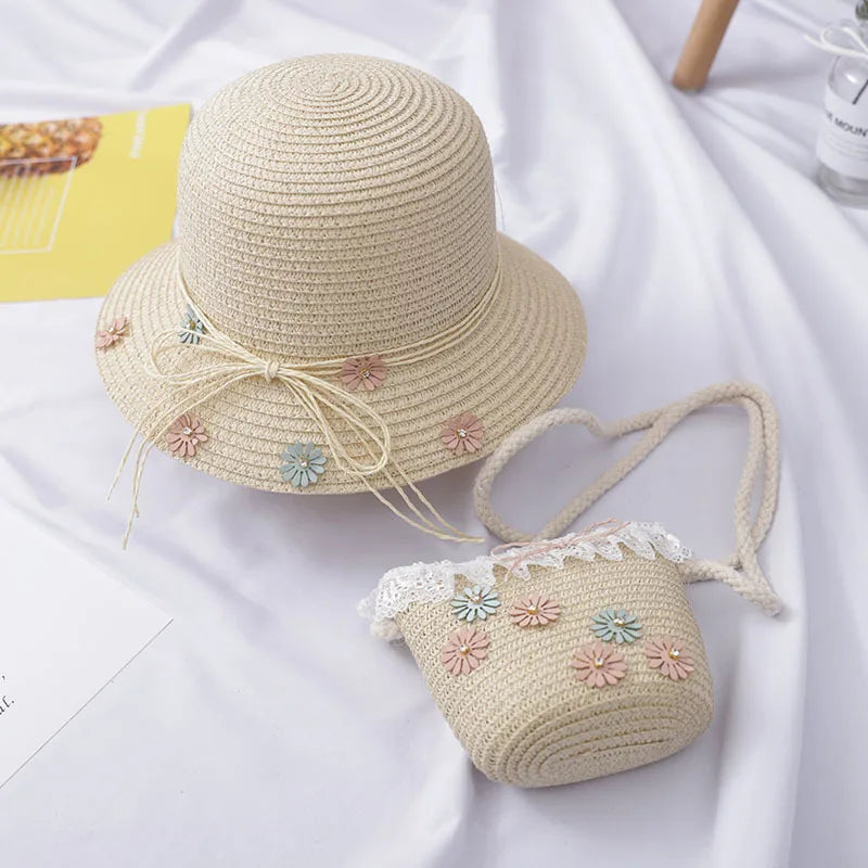 Girls Kids Beach Bag Bucket Straw Bag Sun Hat Set