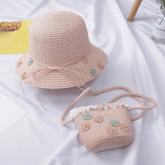 Girls Kids Beach Bag Bucket Straw Bag Sun Hat Set