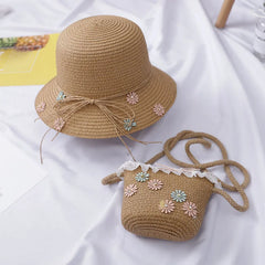 Girls Kids Beach Bag Bucket Straw Bag Sun Hat Set
