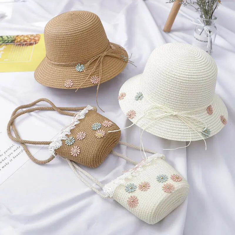 Girls Kids Beach Bag Bucket Straw Bag Sun Hat Set