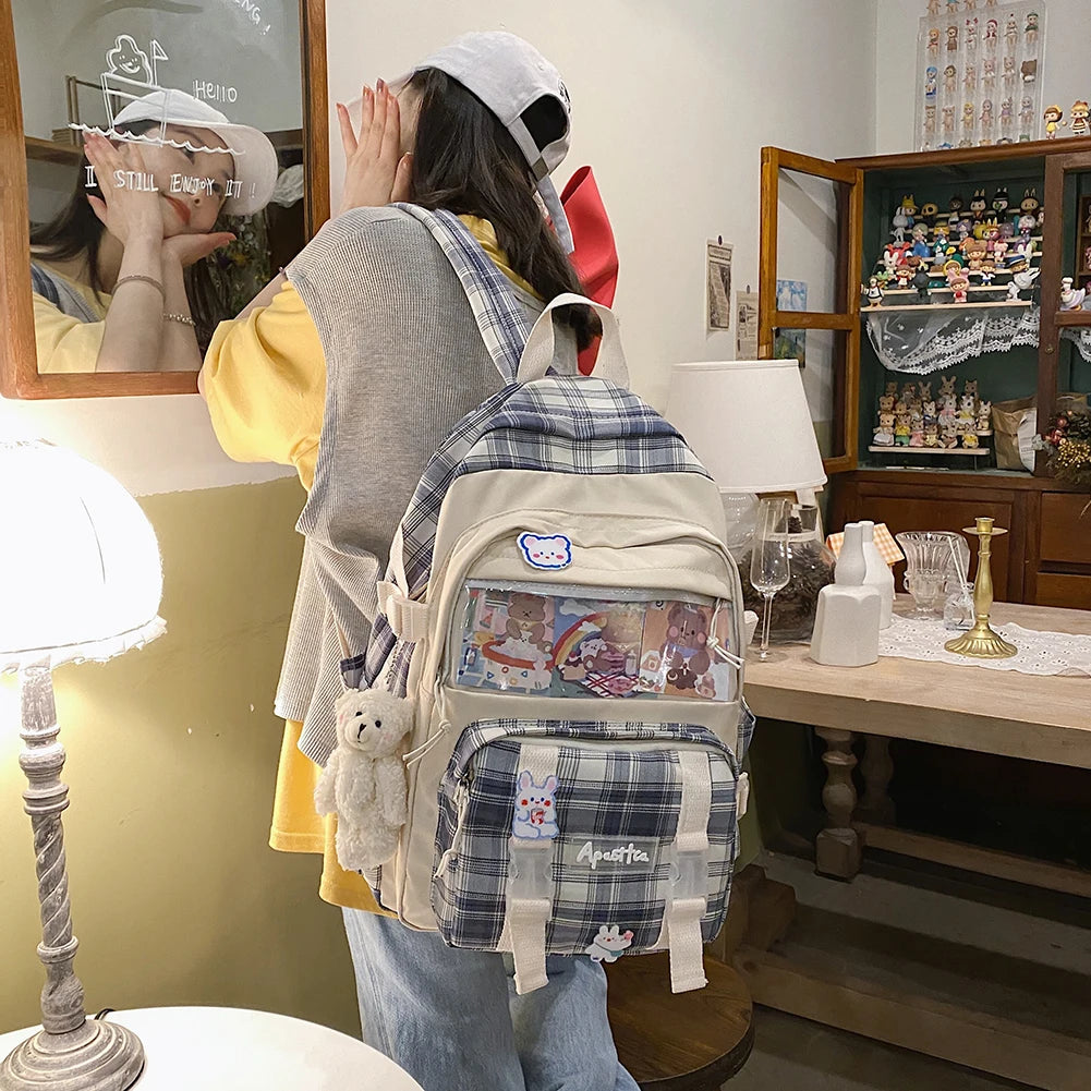 Girls Plaid School Bag Large Capacity Rucksack