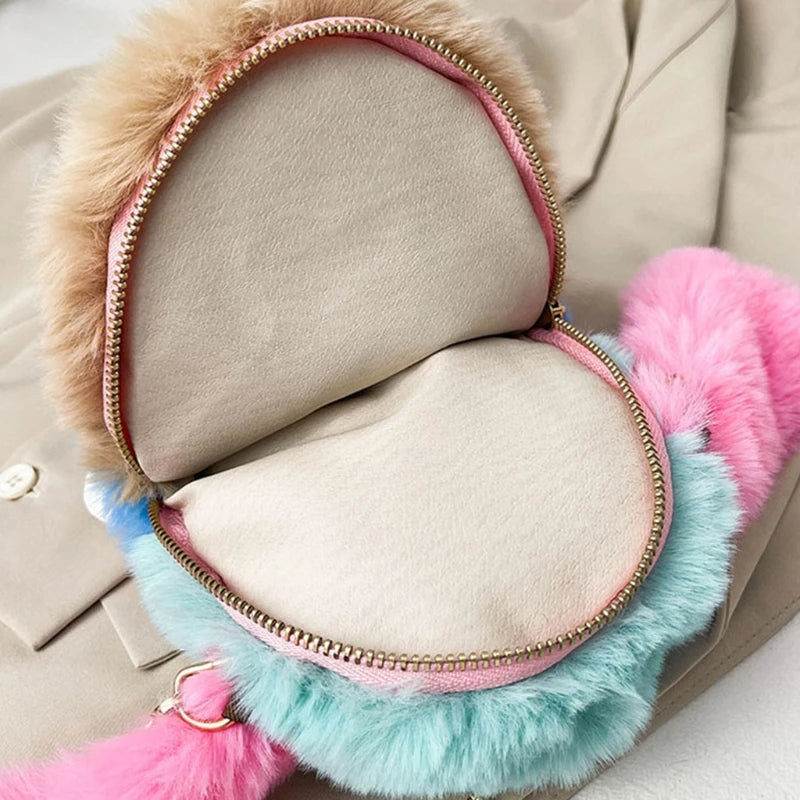 Girls Rabbit Faux Fur Backpack Bunny Hare Plush Doll Crossbody Handbag Satchel