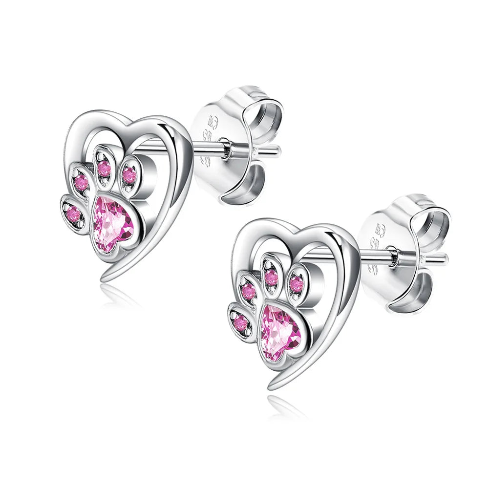 925 Silver Paw Heart Stud Earrings Zircon Ear Studs