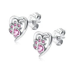 925 Silver Paw Heart Stud Earrings Zircon Ear Studs