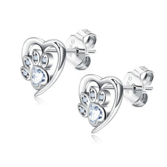 925 Silver Paw Heart Stud Earrings Zircon Ear Studs