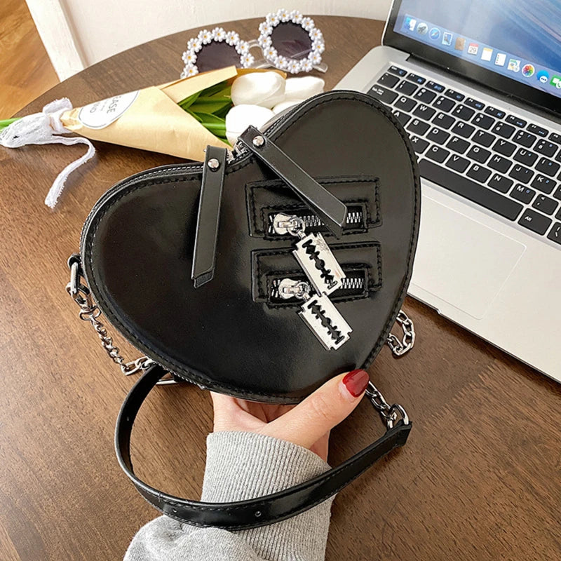 Gothic Heart Shape Blade Zipper Chain Crossbody Bags Women Girl