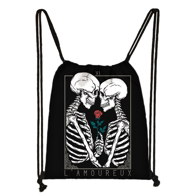 Gothic Punk Death Skull Drawstring Bag Men Travel Bag Grim Reaper Backpack Boys