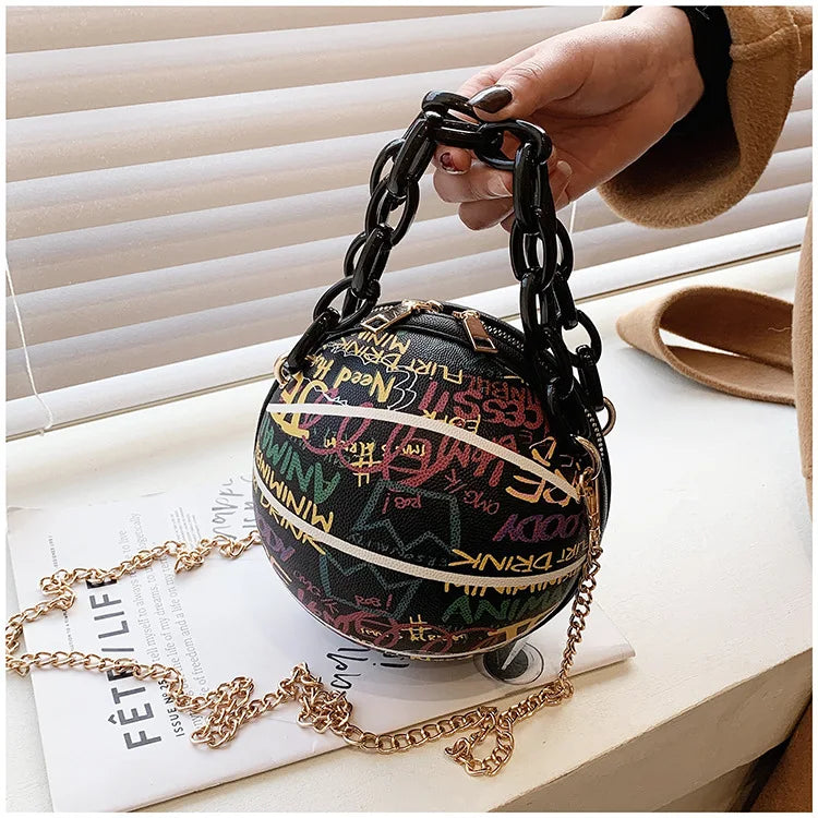 Graffiti Basketball Shape Chain Shoulder Bag for Women Crossbody Bag