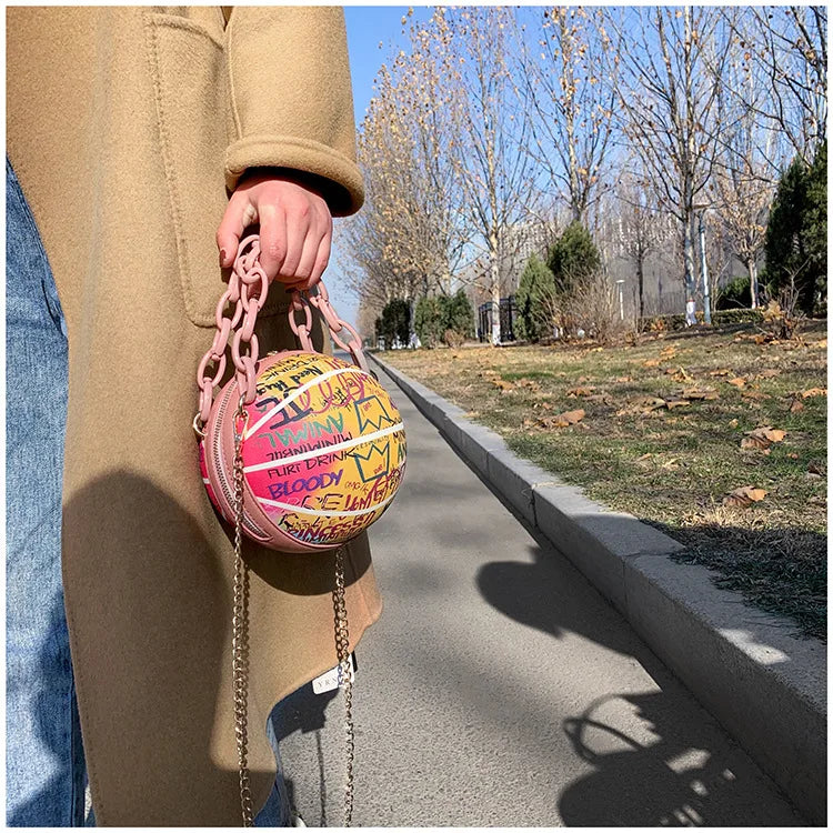 Graffiti Basketball Shape Chain Shoulder Bag for Women Crossbody Bag