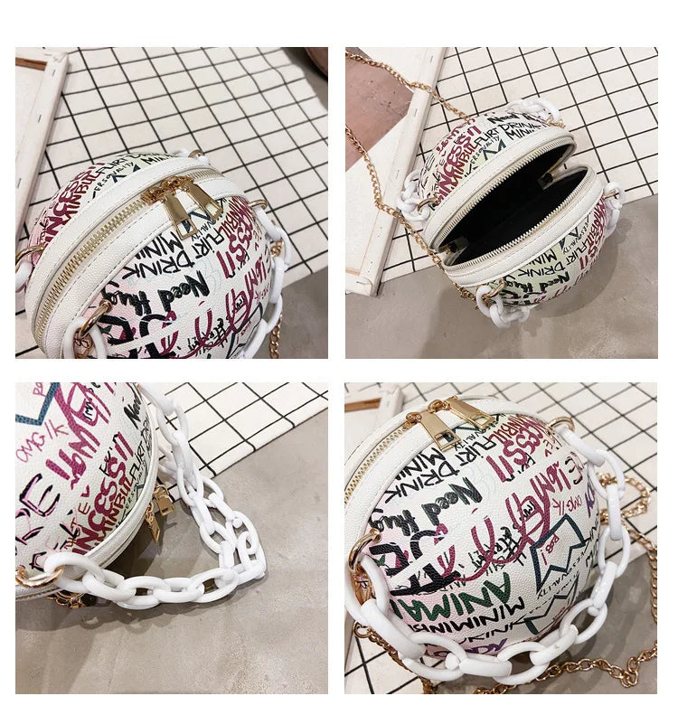Graffiti Basketball Shape Chain Shoulder Bag for Women Crossbody Bag