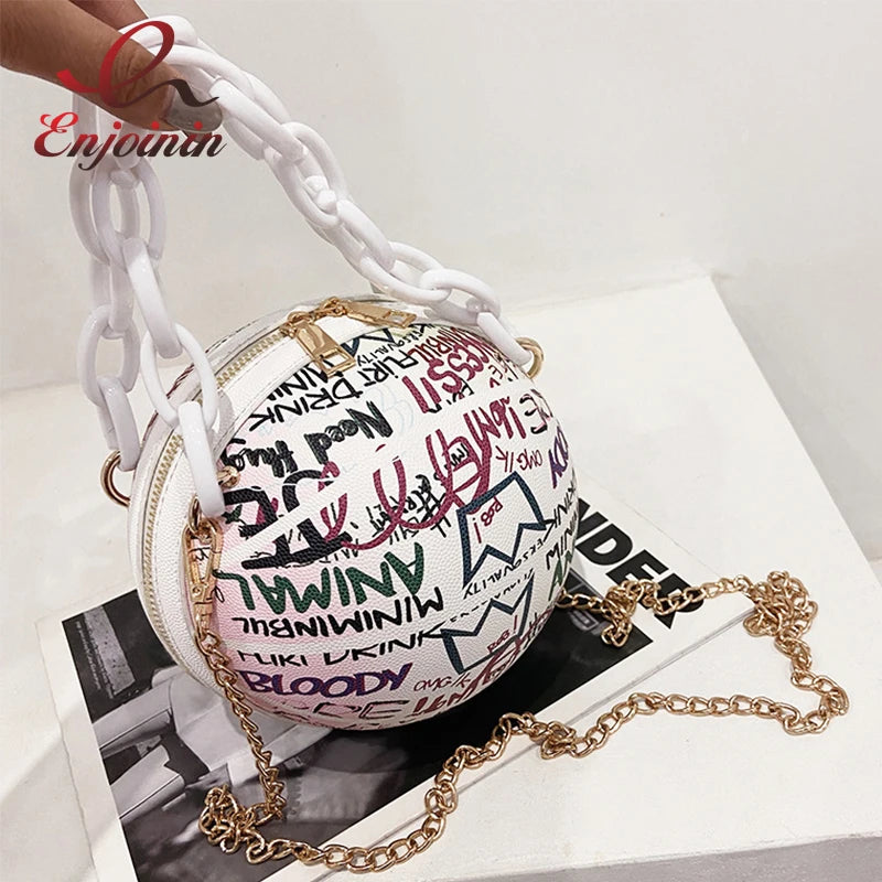 Graffiti Basketball Shape Chain Shoulder Bag for Women Crossbody Bag