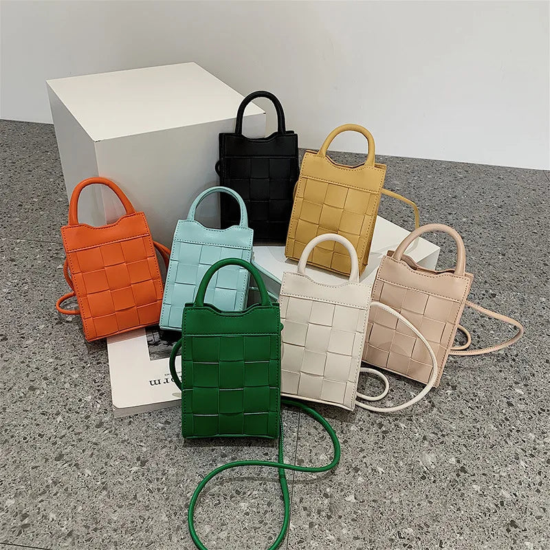 Green Pink Braided PU Leather Phone Bag for Women Mini Wallet Handbag Purse