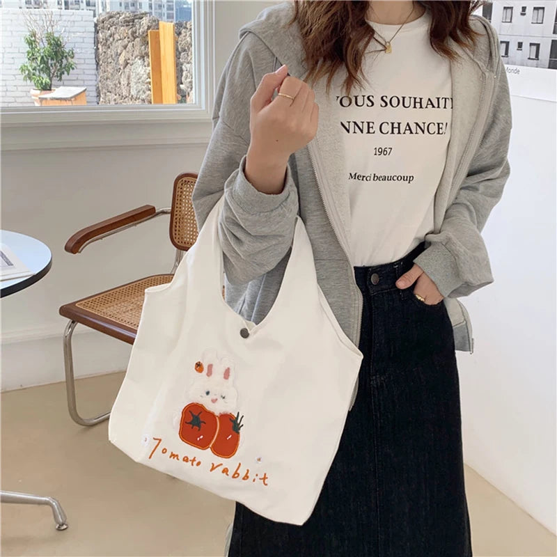 Green Shoulder Bag for Women Bunny Embroidery Canvas Tote Handbag MO507