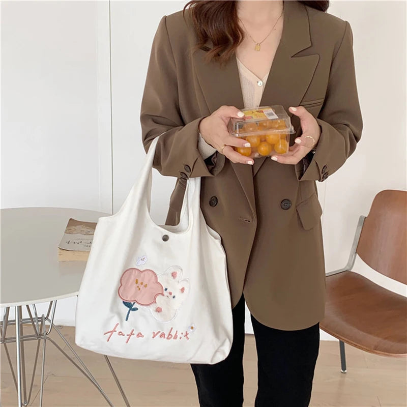 Green Shoulder Bag for Women Bunny Embroidery Canvas Tote Handbag MO507