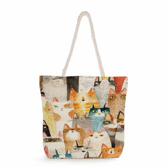 Polyester Foldable Grocery Tote Cat Print Shopping Bag
