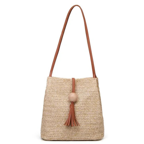 Women Weave Straw Beach Bag Woven Bucket Shoulder Tote Tassel Handbag