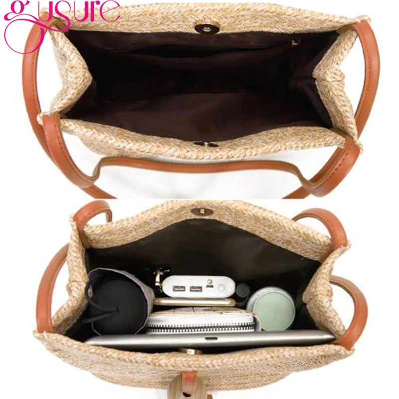 Women Weave Straw Beach Bag Woven Bucket Shoulder Tote Tassel Handbag