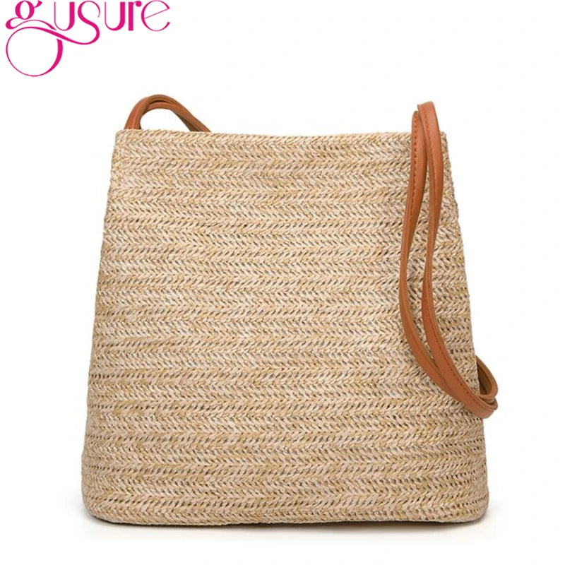 Women Weave Straw Beach Bag Woven Bucket Shoulder Tote Tassel Handbag