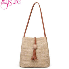 Women Weave Straw Beach Bag Woven Bucket Shoulder Tote Tassel Handbag